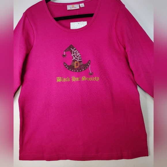 Quacker Factory women's casual blouse, 100% cotton, size L, pink, rhinestone. - Picture 4 of 11